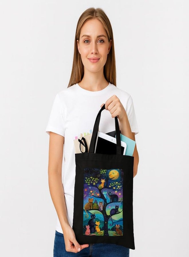 PrintingZone حقيبة تسوق سوداء من PrintingZone مزودة بجيب، حقائب قماشية مطبوعة بتصميمات مميزة للنساء، سعة كبيرة | حقيبة تسوق | للجامعة | للسفر | المزيد من حقائب اليد القماشية للجنسين (BTB284) - Image 4